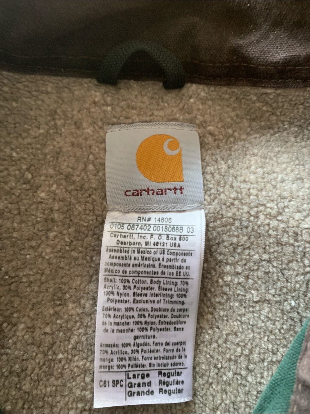 Carhartt Green Jacket with Brown Collar and Leather Logo Patch - Picture 4 of 10